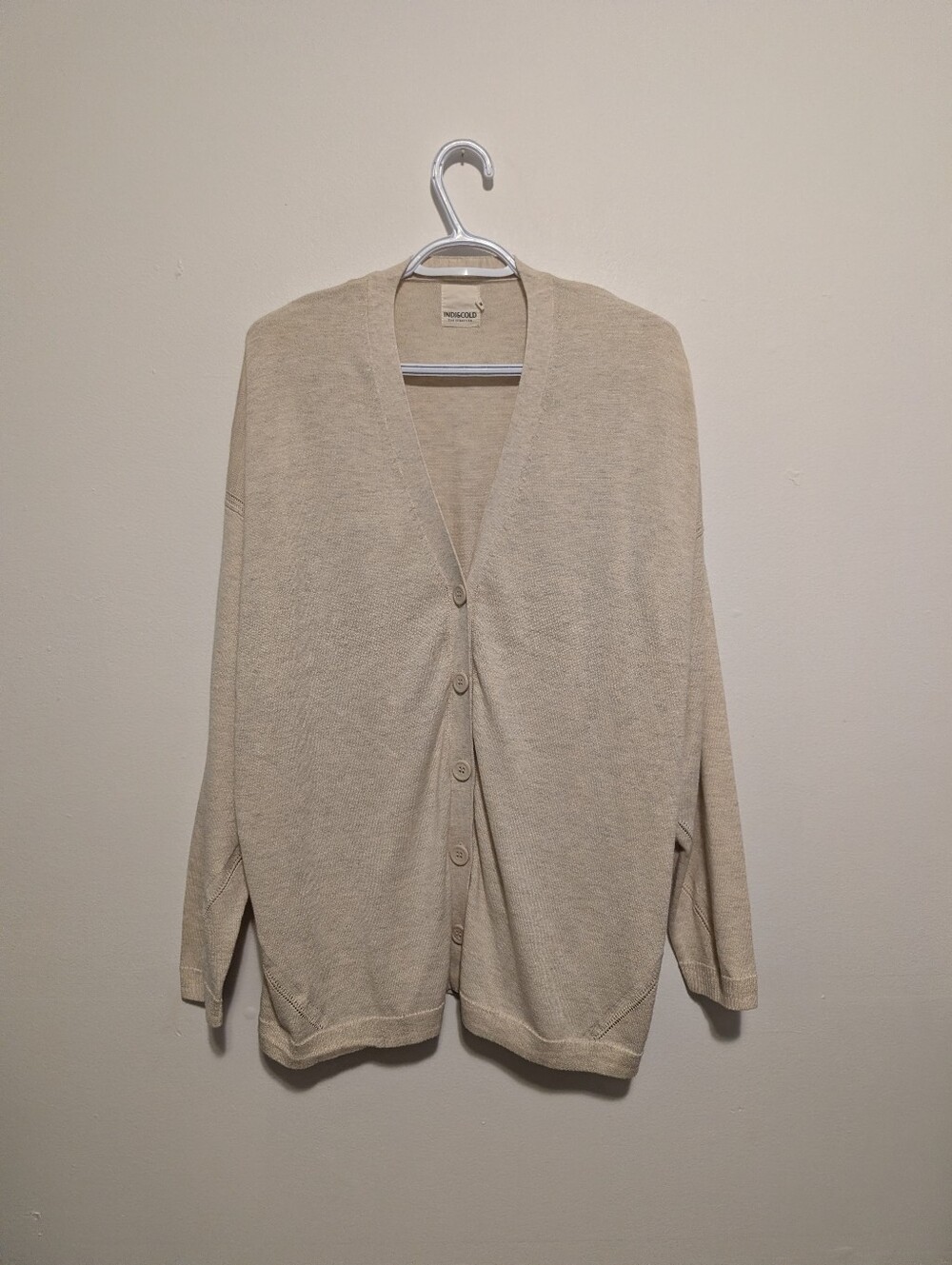 Indi & Cold Oatmeal Seawool V-Neck Knit Luxury Cardigan Sweater M - XL Oversize